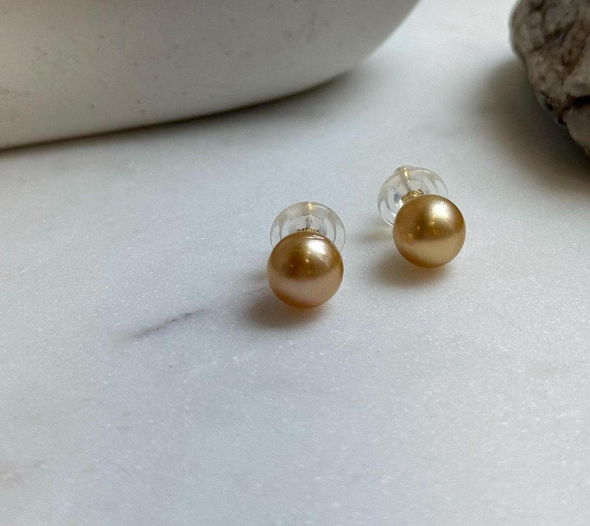 Elly’s 9.5mm Genius natural South sea Deep Gold ocean Pearls Earrings studs: Extreme luster, S925 silver minimalist earrings studs.daily office golden ocean pearls earrings studs for her anniversary
