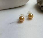 Elly’s 9.5mm Genius natural South sea Deep Gold ocean Pearls Earrings studs: Extreme luster, S925 silver minimalist earrings studs.daily office golden ocean pearls earrings studs for her