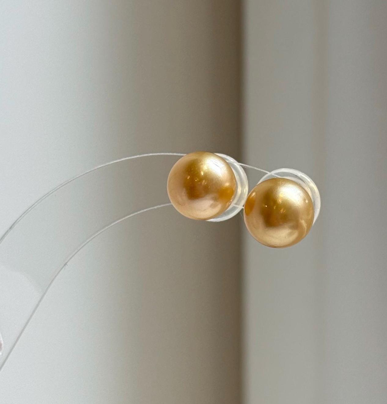 Elly’s 9.5mm Genius natural South sea Deep Gold ocean Pearls Earrings studs: Extreme luster, S925 silver minimalist earrings studs.daily office golden ocean pearls earrings studs for her