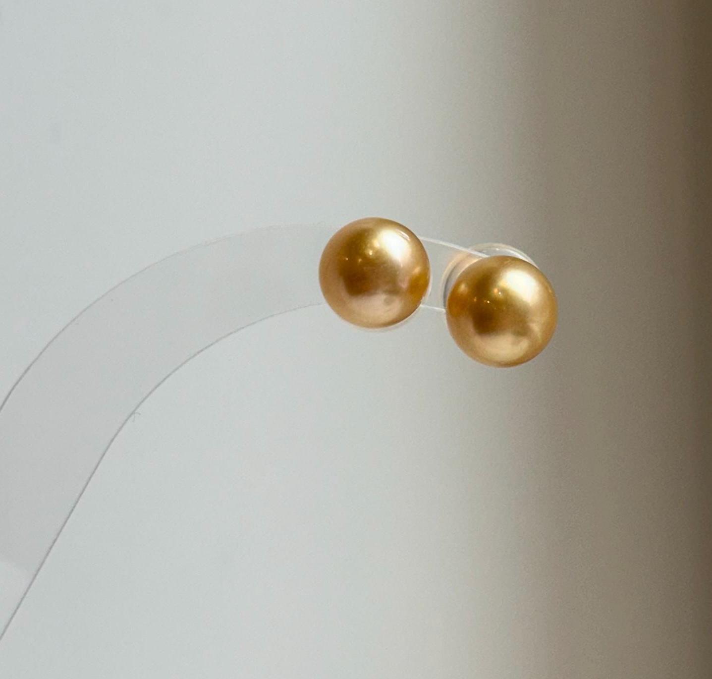 Elly’s 9.5mm Genius natural South sea Deep Gold ocean Pearls Earrings studs: Extreme luster, S925 silver minimalist earrings studs.daily office golden ocean pearls earrings studs for her