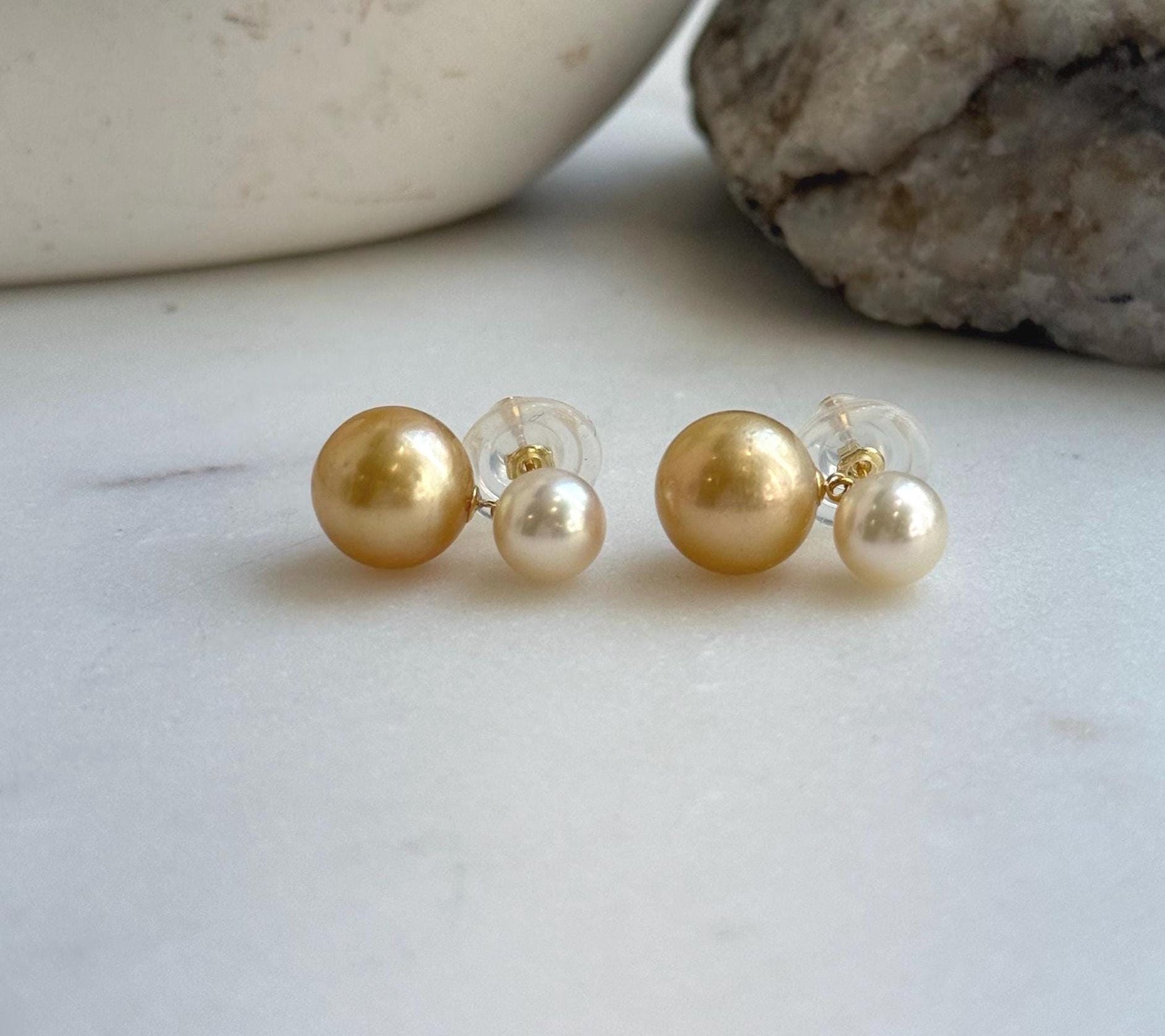 Elena Elly’s Au750 18K gold South sea golden Akoya ocean pearls Earrings: Extreme luster mirrored, 7.2-10.5mm, 18k gold earrings. high quality 18k golden pearls earrings for her