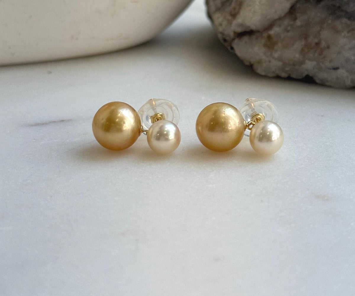 Elena Elly’s Au750 18K gold South sea golden Akoya ocean pearls Earrings: Extreme luster mirrored, 7.2-10.5mm, 18k gold earrings. high quality 18k golden pearls earrings for her