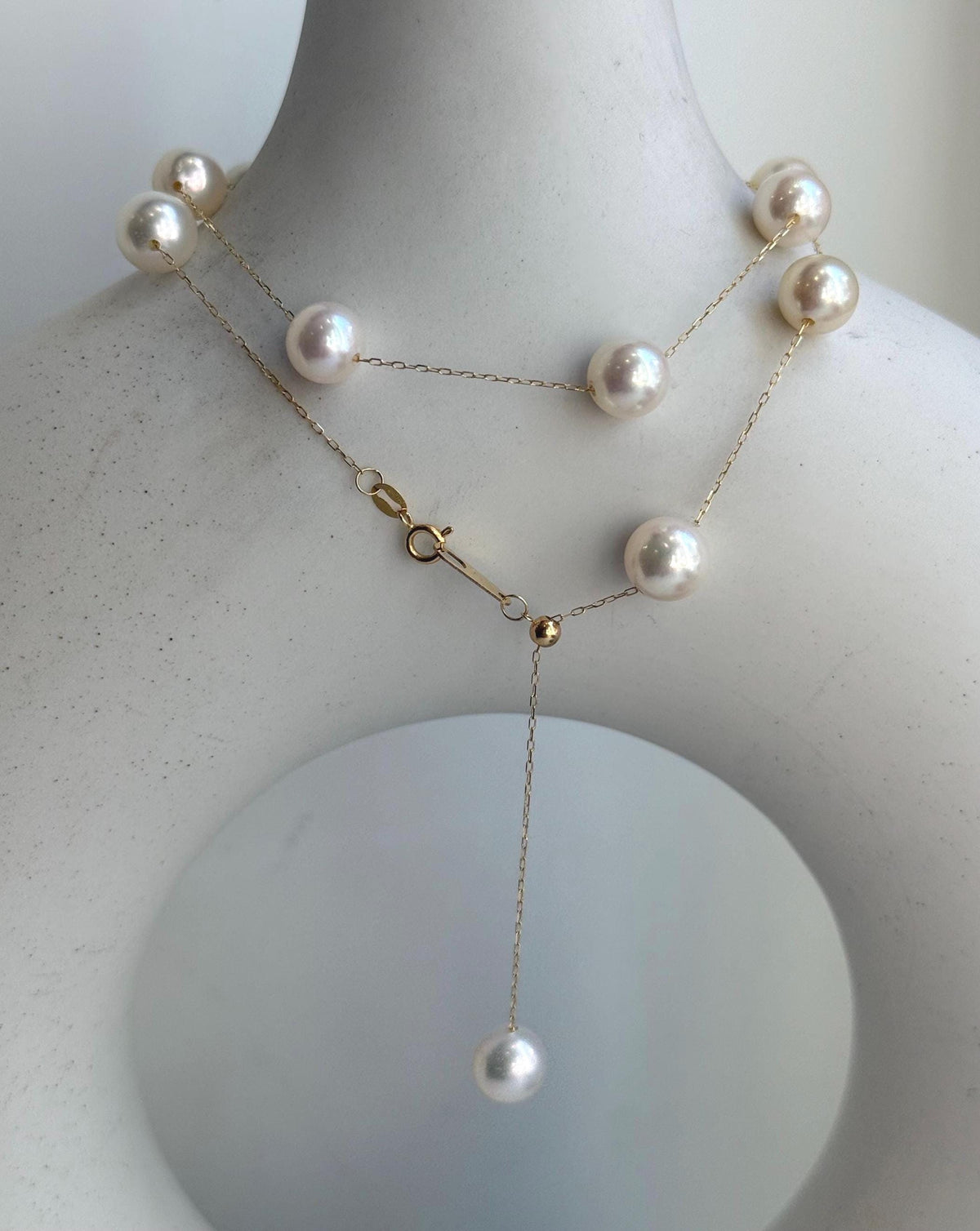 Elly’s Au750 18K Gold, extreme luster Mirrored, 14pcs Akoya Ivory Ocean Pearls  vintage Satellite Necklace, 7.2-7.9mm, 17.7”. high quality ocean pearls 18k gold satellite necklace for her birthday