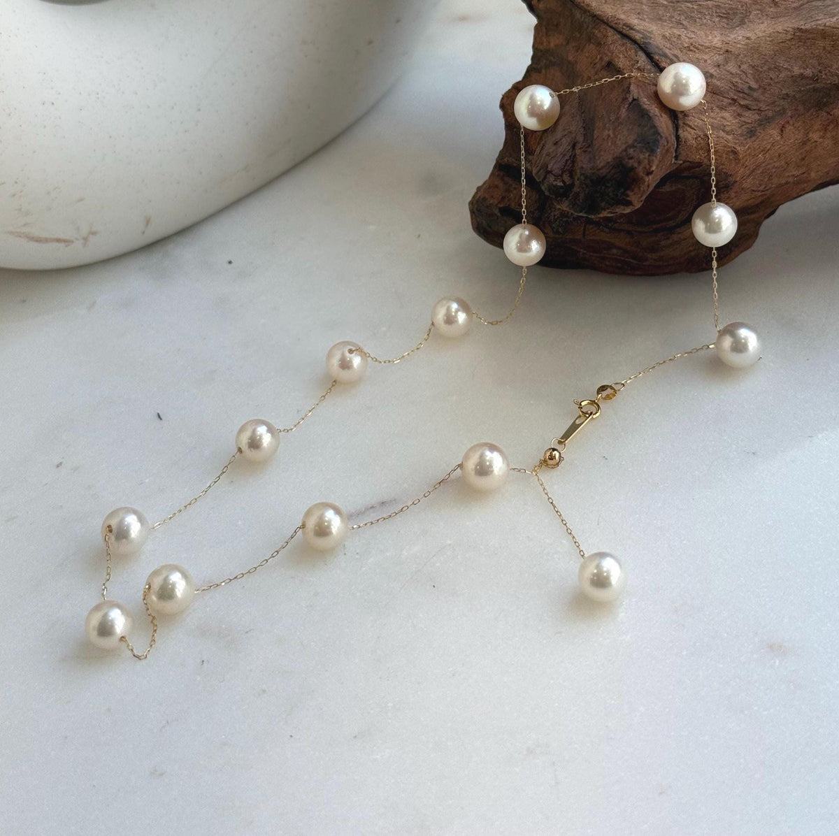 Elly’s Au750 18K Gold, extreme luster Mirrored, 14pcs Akoya Ivory Ocean Pearls  vintage Satellite Necklace, 7.2-7.9mm, 17.7”. high quality ocean pearls 18k gold satellite necklace for her