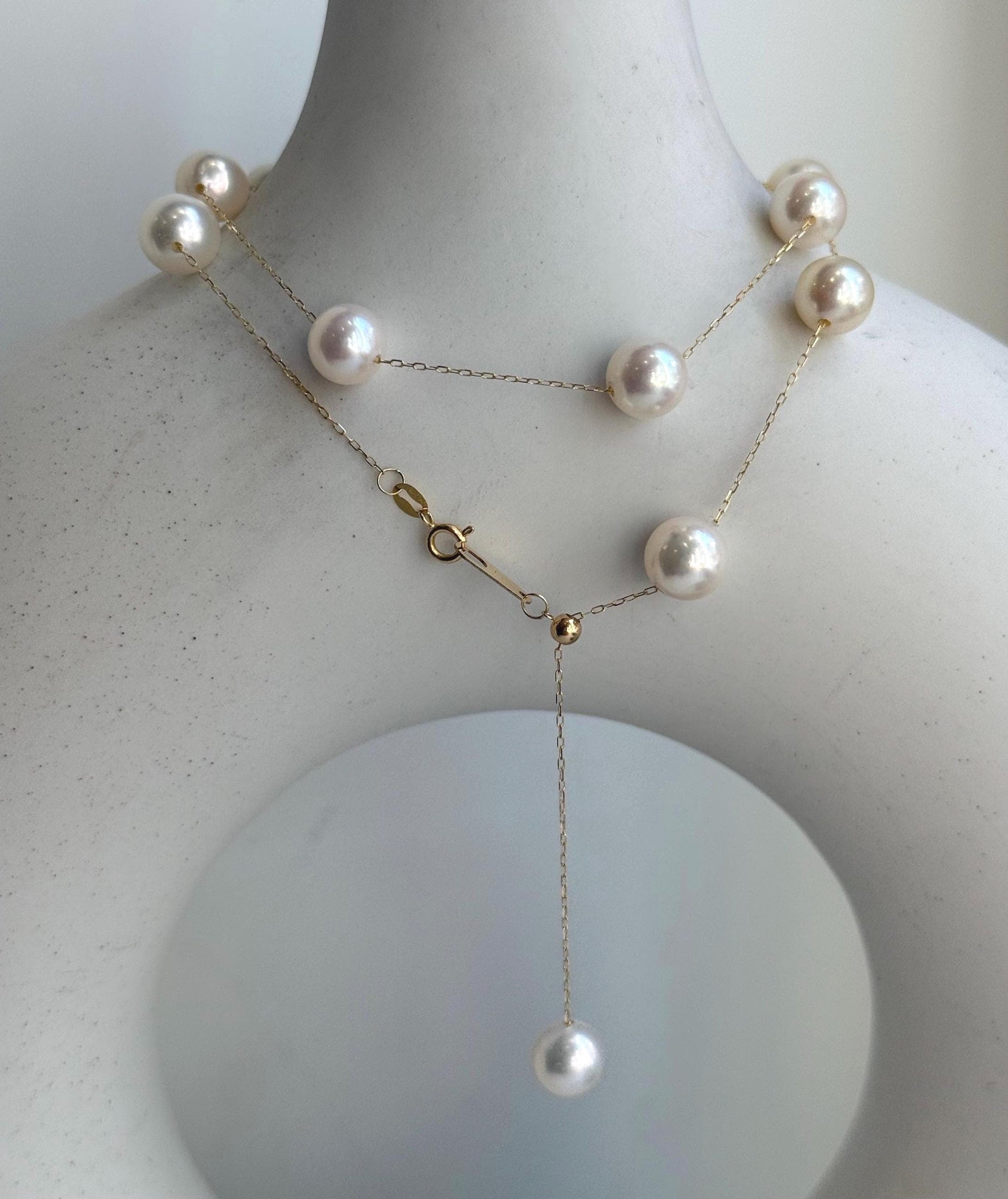 Elly’s Au750 18K Gold, extreme luster Mirrored, 14pcs Akoya Ivory Ocean Pearls  vintage Satellite Necklace, 7.2-7.9mm, 17.7”. high quality ocean pearls 18k gold satellite necklace for her