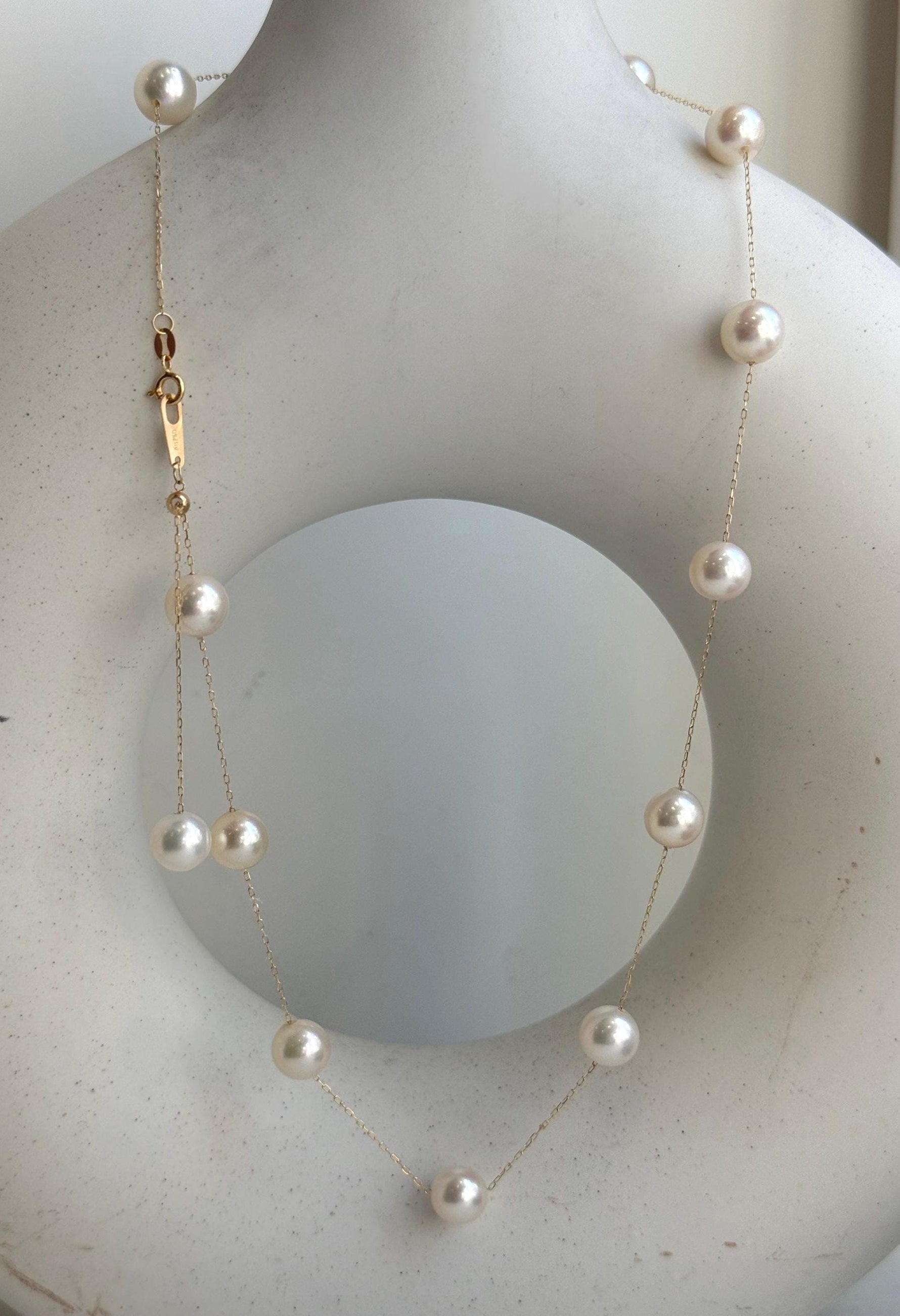 Elly’s Au750 18K Gold, extreme luster Mirrored, 14pcs Akoya Ivory Ocean Pearls  vintage Satellite Necklace, 7.2-7.9mm, 17.7”. high quality ocean pearls 18k gold satellite necklace for her holiday