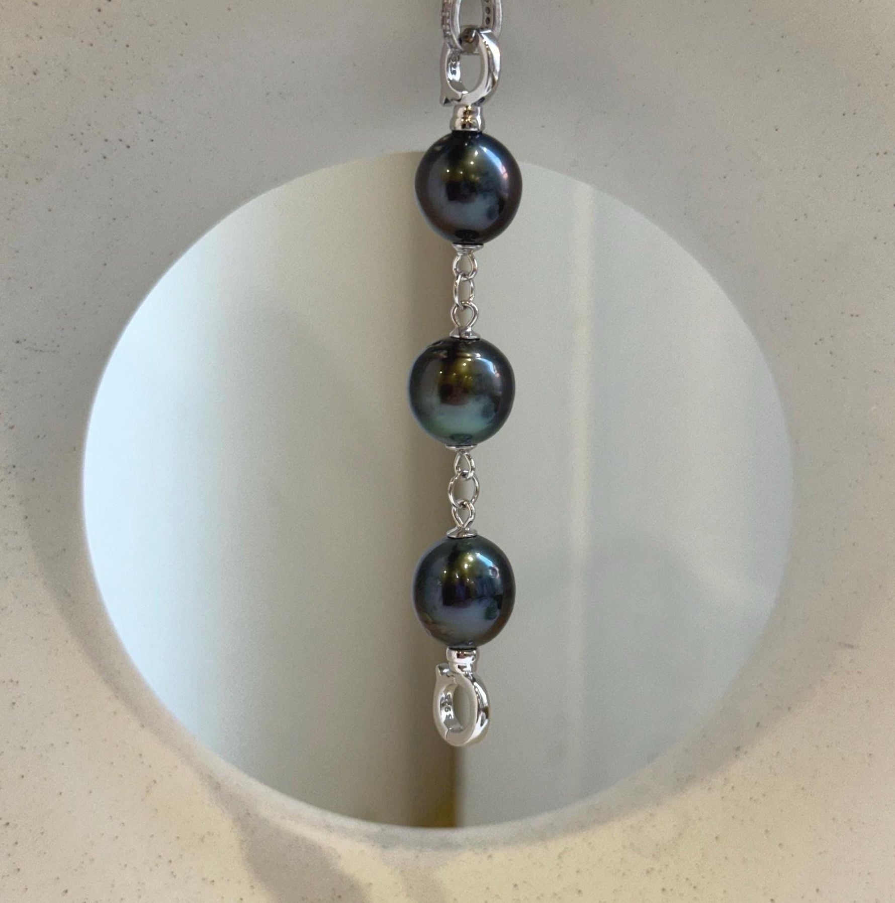 Elly’s 3pcs Tahitian Ocean Pearls Necklace extended chain: 10.3-10.6mm, 3” long, S925 silver chain.