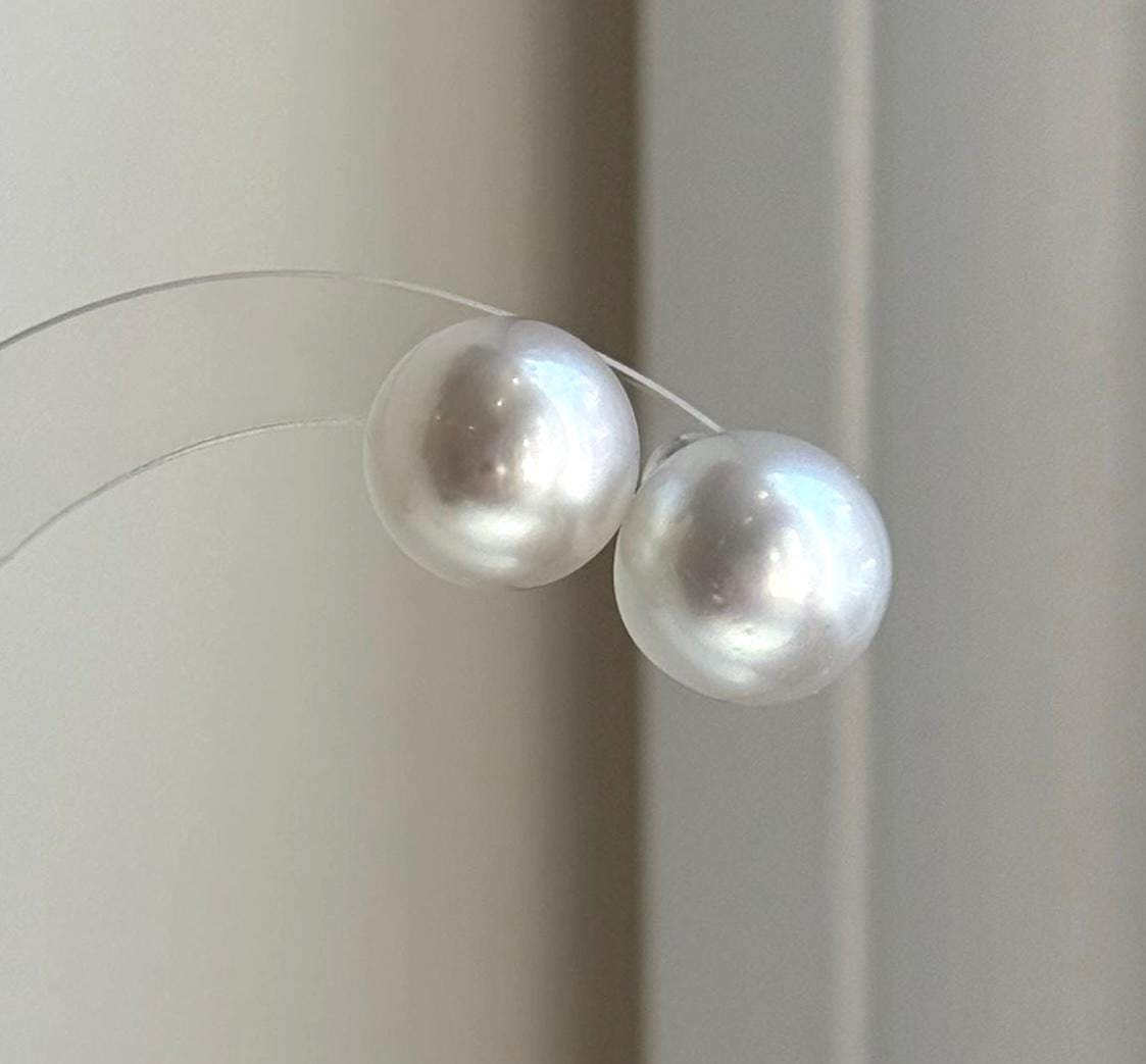 Elly’s 13.6mm Huge Australian Ocean White Pearls Earrings Studs: Extreme luster mirrored, S925 silver minimalist earrings studs.