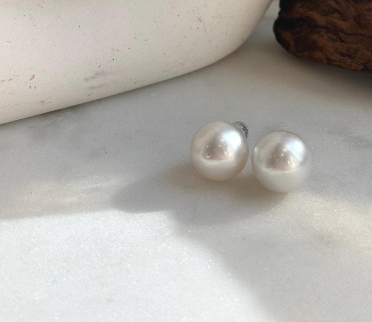 Elly’s 13.6mm Huge Australian Ocean White Pearls Earrings Studs: Extreme luster mirrored, S925 silver minimalist earrings studs. high quality pearls earrings studs for her