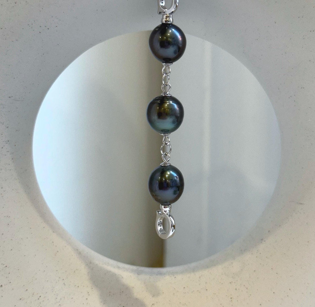 Elly’s 3pcs Tahitian Ocean Pearls Necklace extended chain: 10.3-10.6mm, 3” long, S925 silver chain.
