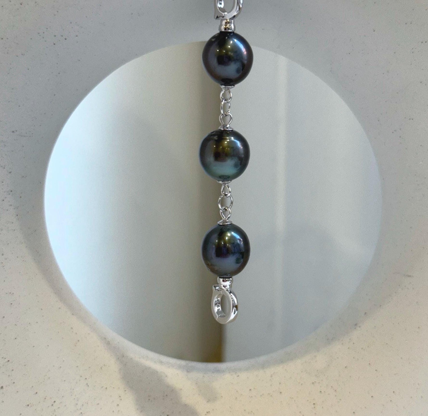 Elly’s 3pcs Tahitian Ocean Pearls Necklace extended chain: 10.3-10.6mm, 3” long, S925 silver chain.
