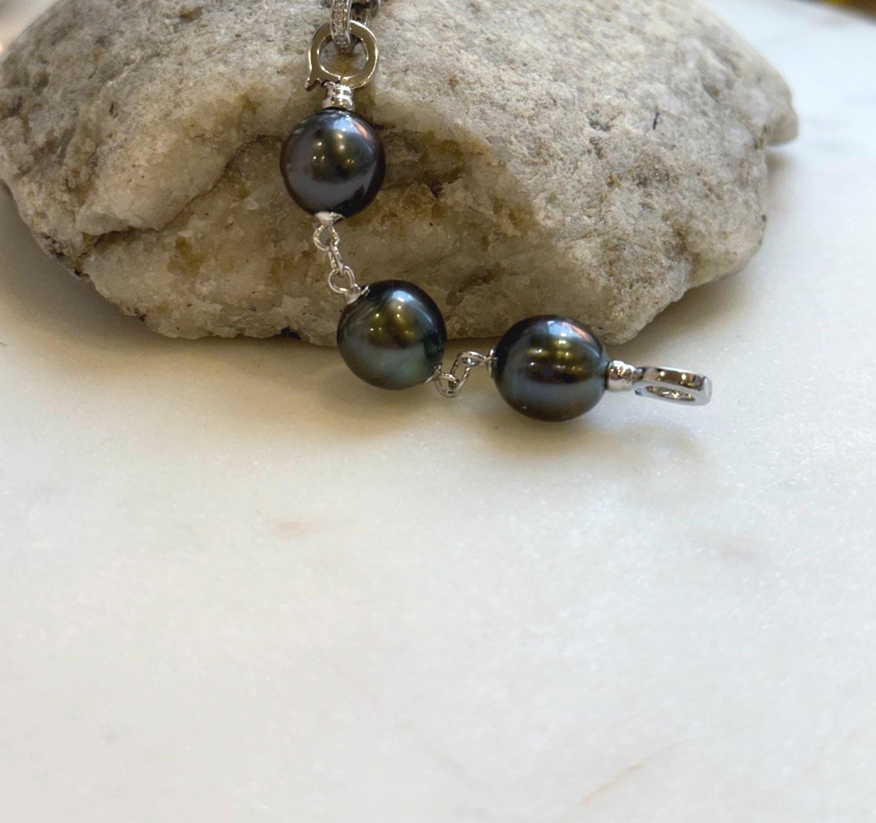 Elly’s 3pcs Tahitian Ocean Pearls Necklace extended chain: 10.3-10.6mm, 3” long, S925 silver chain.
