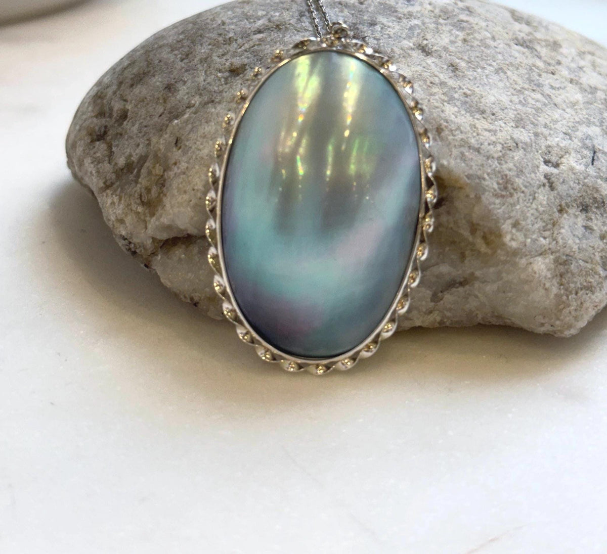 Elly’s Blue iridescent Huge Ocean Mabe Pendant: Extreme luster, 2.9x5.3cm, S925 silver pendant. high quality ocean Mabe pearls pendant for her birthday