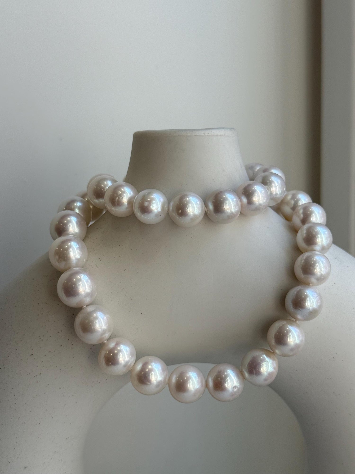 Elly’s 37pcs White large Edison Pearls Necklace Strand: Extreme luster, 11-12.4mm, 18.1”, S925 silver necklace.