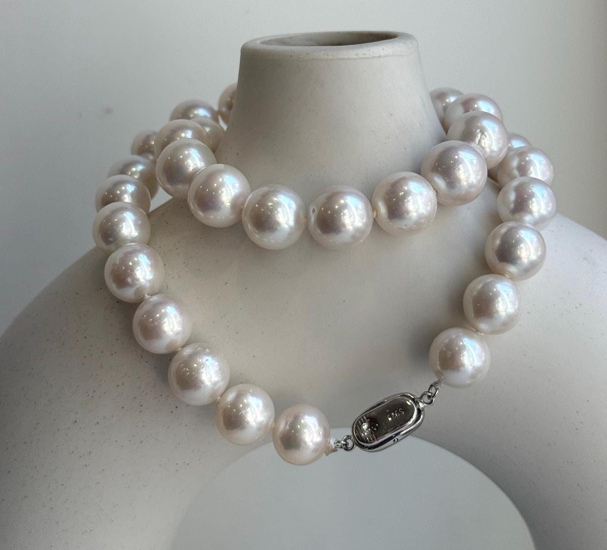 Elly’s 37pcs White large Edison Pearls Necklace Strand: Extreme luster, 11-12.4mm, 18.1”, S925 silver necklace. high quality Edison white pearls necklace for her