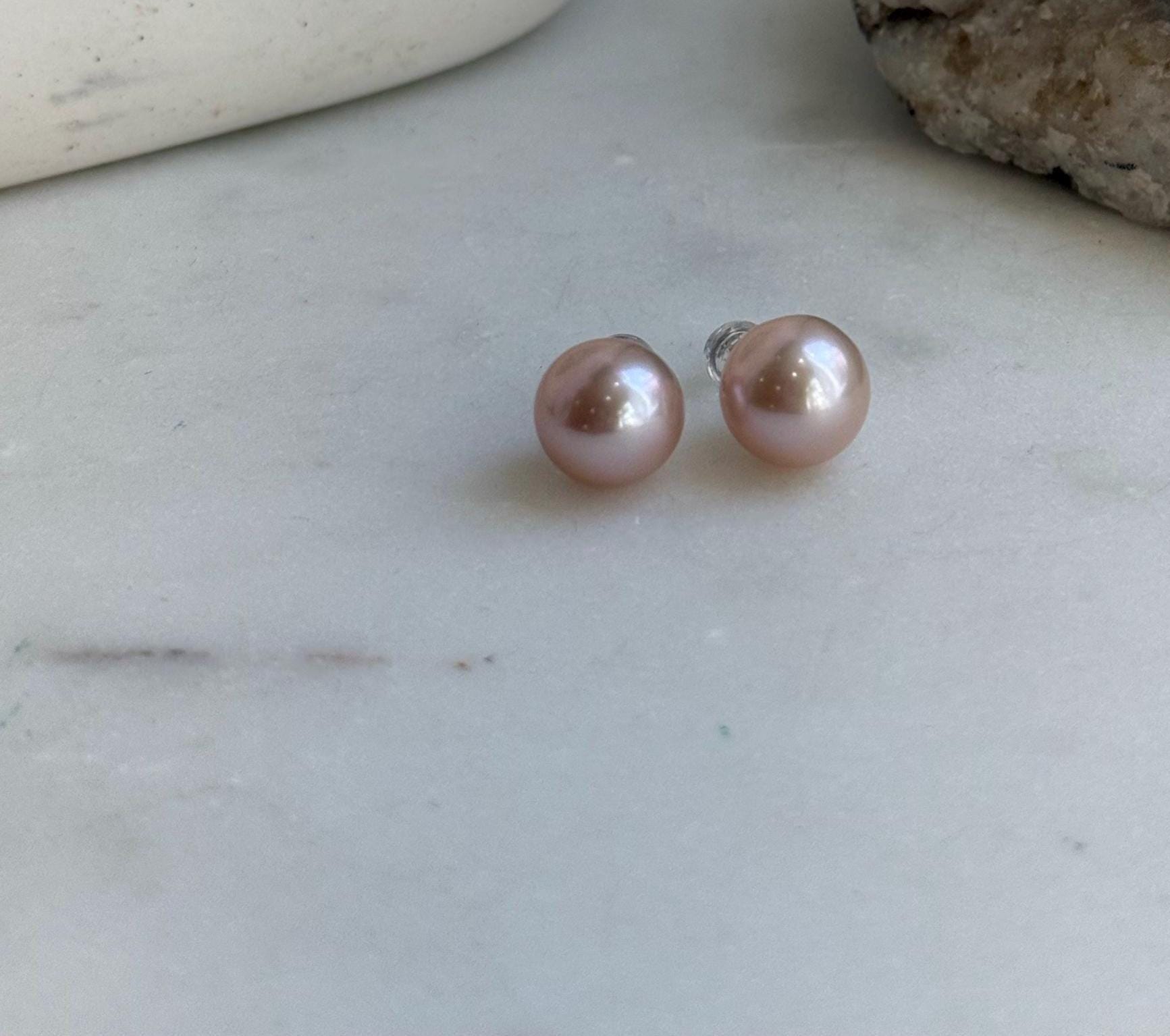Elly’s 10.8mm Rose Edison Pearls Earrings Studs: Extreme luster Mirrored, S925 silver minimalist earrings.