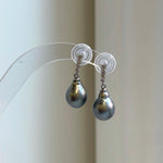 Elly’s 10mm Tahitian Platinum ocean pearls earrings: Extreme luster mirrored, 2.5cm high, S925 silver Cool earrings. daily office black pearls earrings for her anniversary