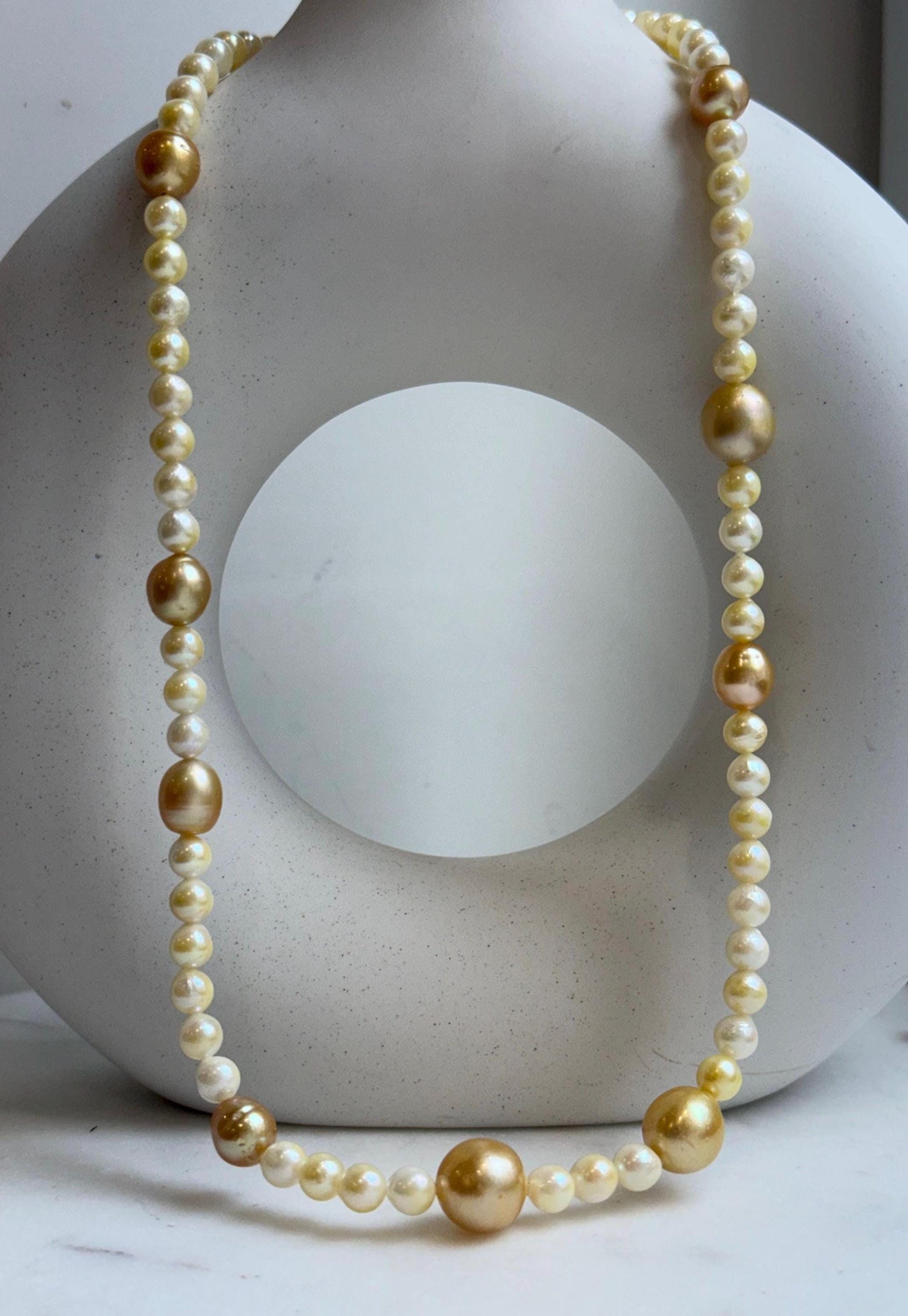 Elly’s 6-12.3mm South sea golden Akoya ocean pearls necklace:Extreme luster mirrored, 20.4”, S925 silver necklace strand. high quality golden pearls necklace for her