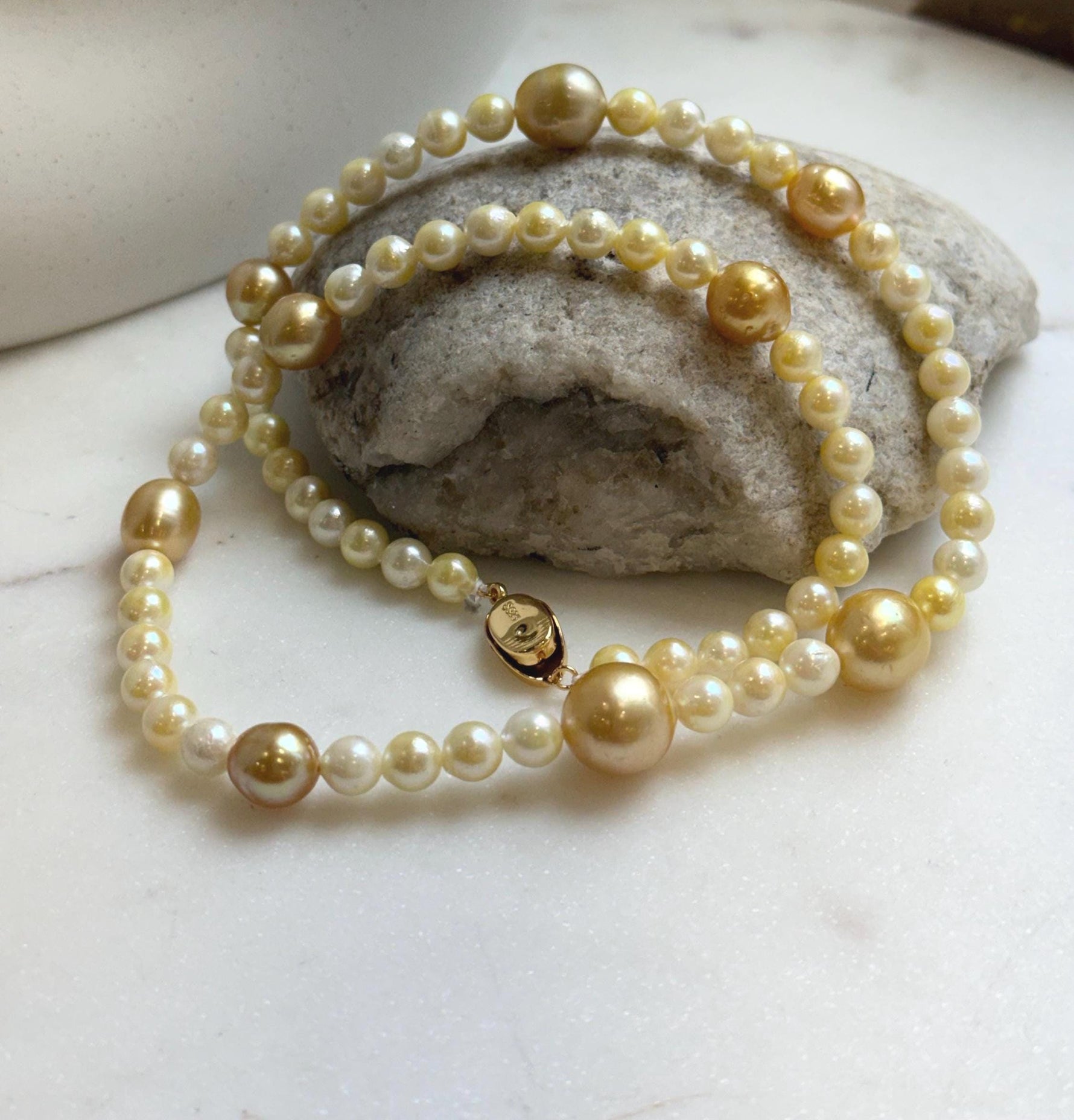 Elly’s 6-12.3mm South sea golden Akoya ocean pearls necklace:Extreme luster mirrored, 20.4”, S925 silver necklace strand. high quality golden pearls necklace for her