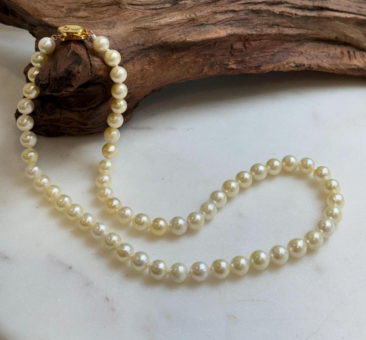 Elly’s 57pcs Akoya Golden ocean pearls necklace:Extreme luster mirrored, knotted 18”, S925 silver necklace strand. high quality golden ocean pearls necklace strand for her