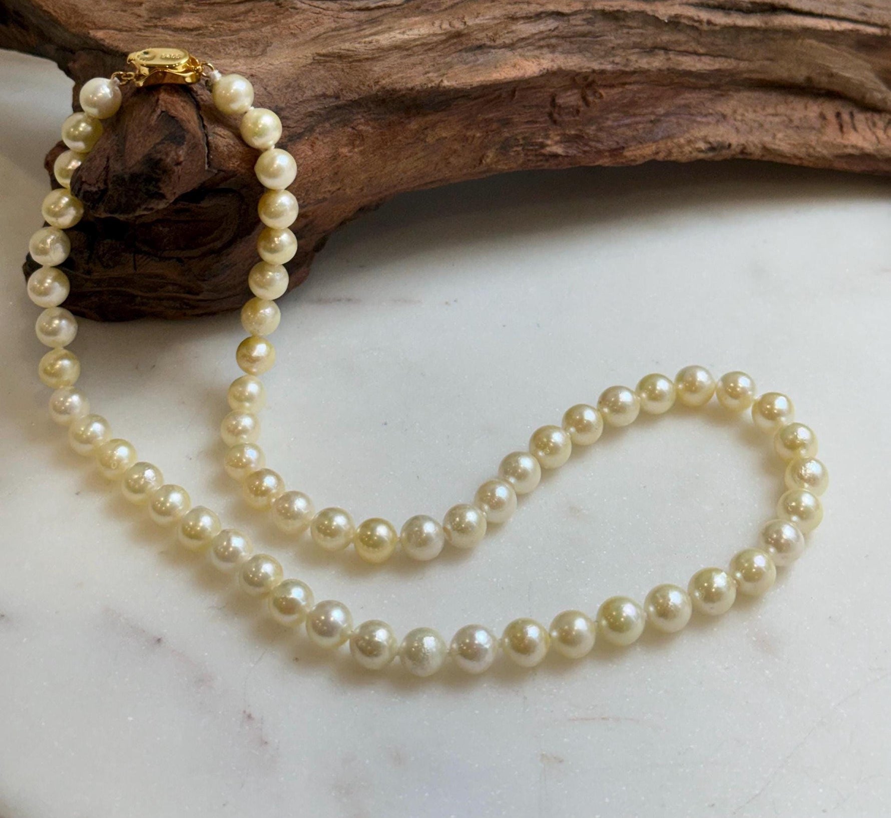 Elly’s 57pcs Akoya Golden ocean pearls necklace:Extreme luster mirrored, knotted 18”, S925 silver necklace strand. high quality golden ocean pearls necklace strand for her daily office wear Mother’s Day