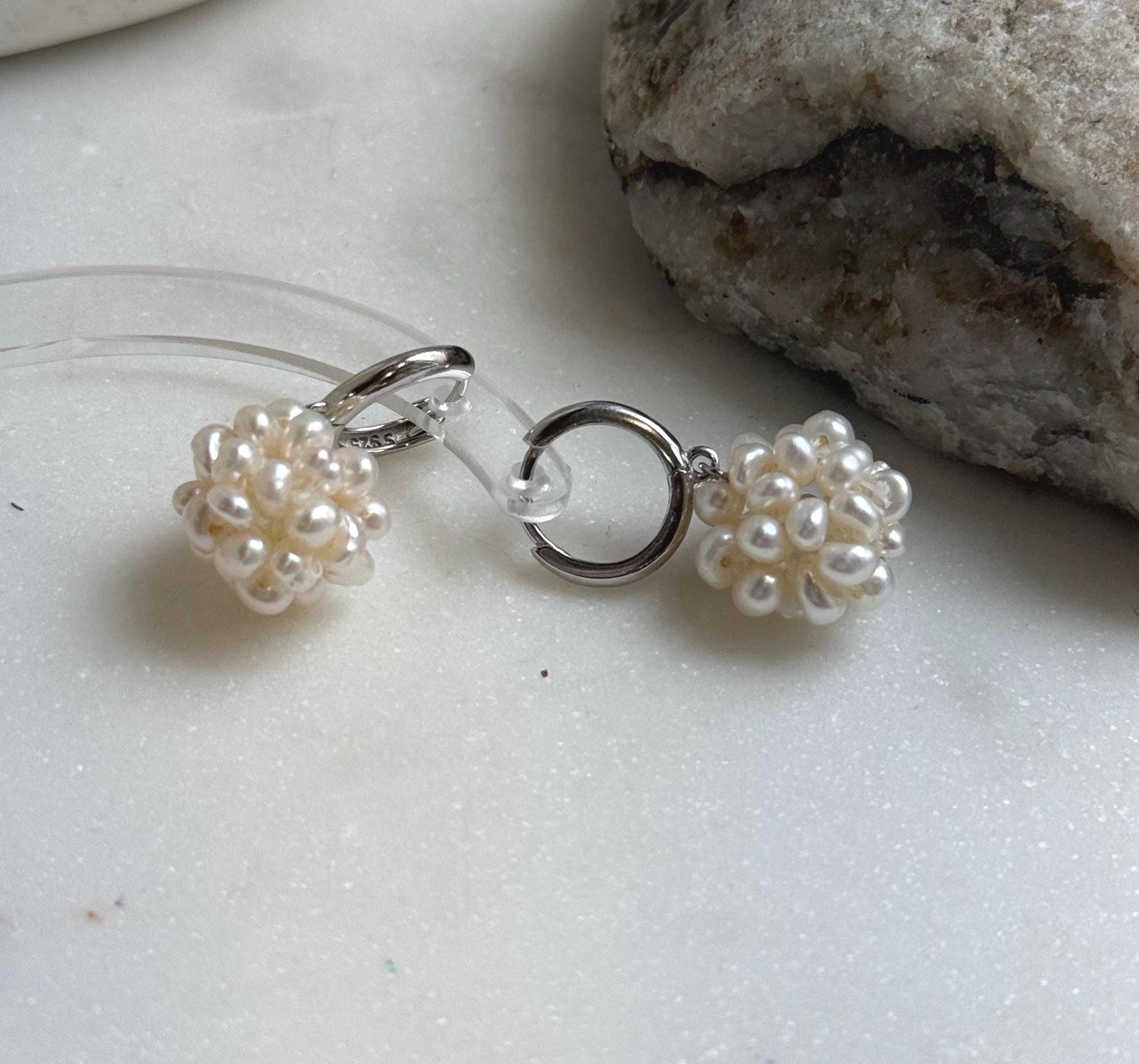 Elly’s Ivory Keshi Pearls Hydrangeas Earrings hoops: Extreme luster Mirrored, 2.8cm high, S925 silver cool earrings.daily office earrings hoops