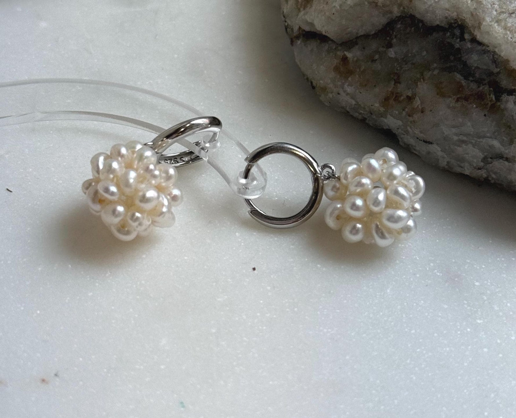 Elly’s Ivory Keshi Pearls Hydrangeas Earrings hoops: Extreme luster Mirrored, 2.8cm high, S925 silver cool earrings.