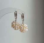Elly’s Ivory Keshi Pearls Hydrangeas Earrings hoops: Extreme luster Mirrored, 2.8cm high, S925 silver cool earrings.