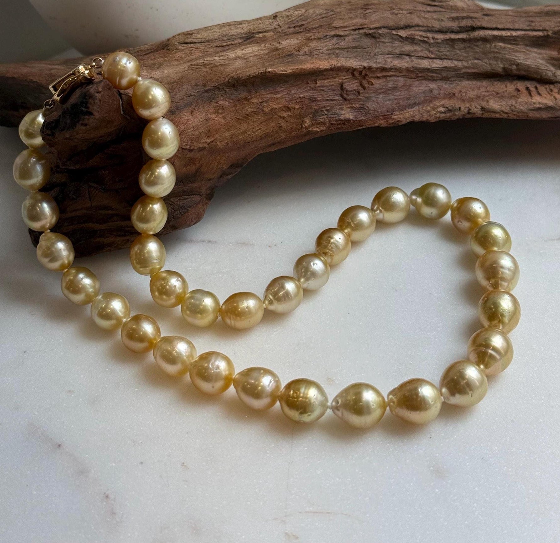 Elly’s 10-12.6mm 34pcs Genius natural South sea Golden Ocean Pearls Necklace: Extreme luster, 18.4” knotted, S925 silver necklace strand. ocean golden pearls necklace for her