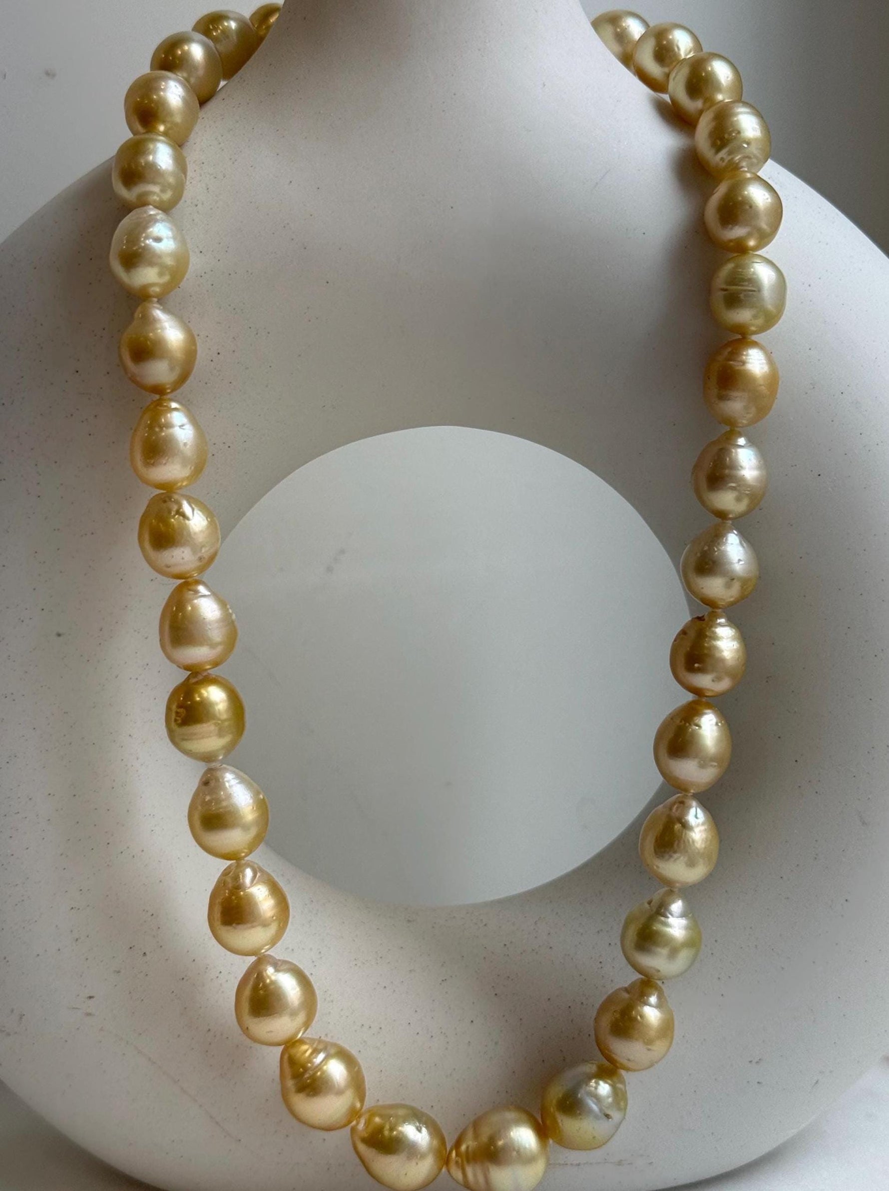 Elly’s 10-12.6mm 34pcs Genius natural South sea Golden Ocean Pearls Necklace: Extreme luster, 18.4” knotted, S925 silver necklace strand. ocean golden pearls necklace for her