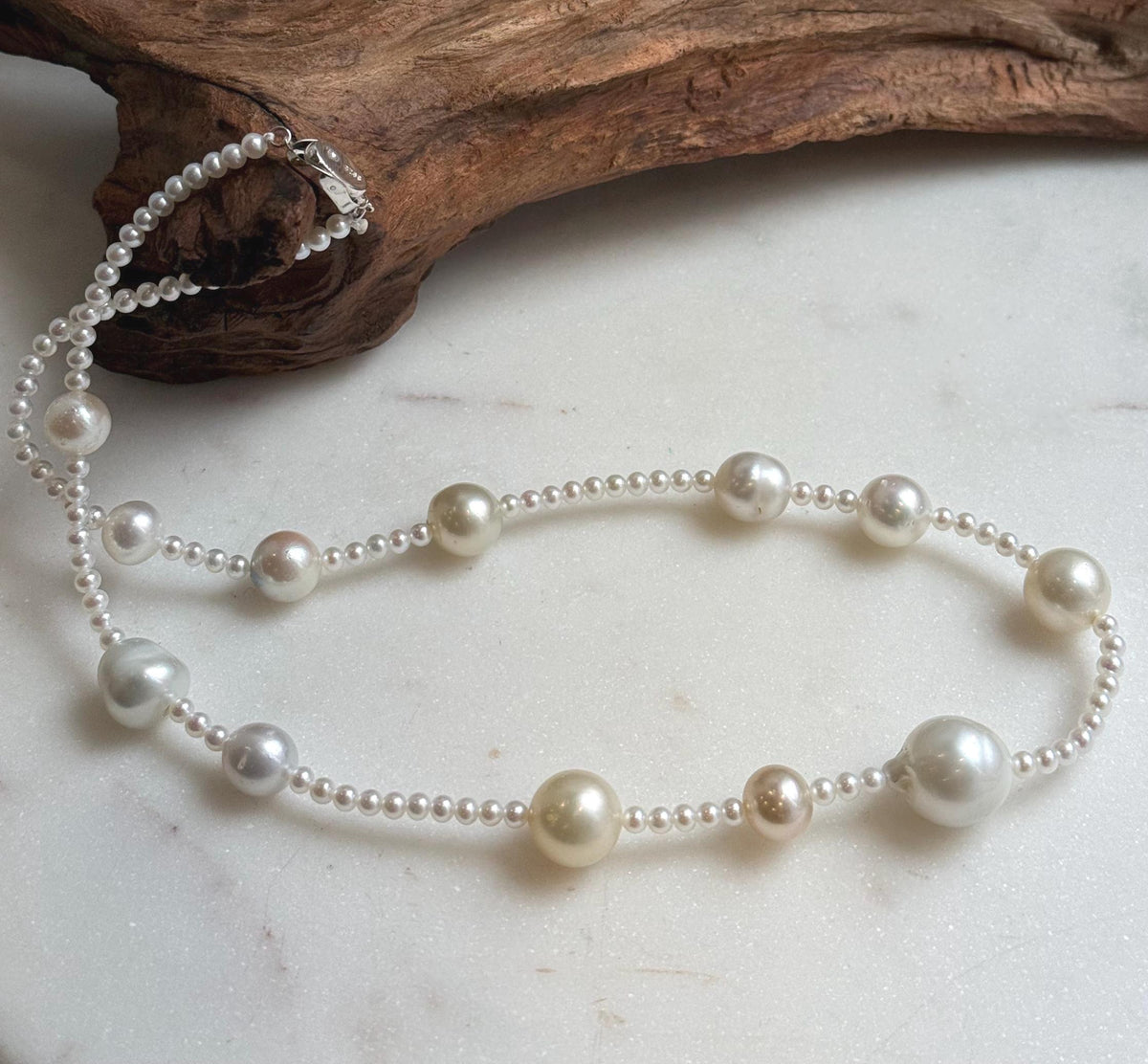 Elly’s 12pcs 9.2-14.4mm Australian ocean white Freshwater pearls necklace:Extreme luster mirrored, 20”, S925 silver necklace strand. daily office ocean pearls necklace strand for her