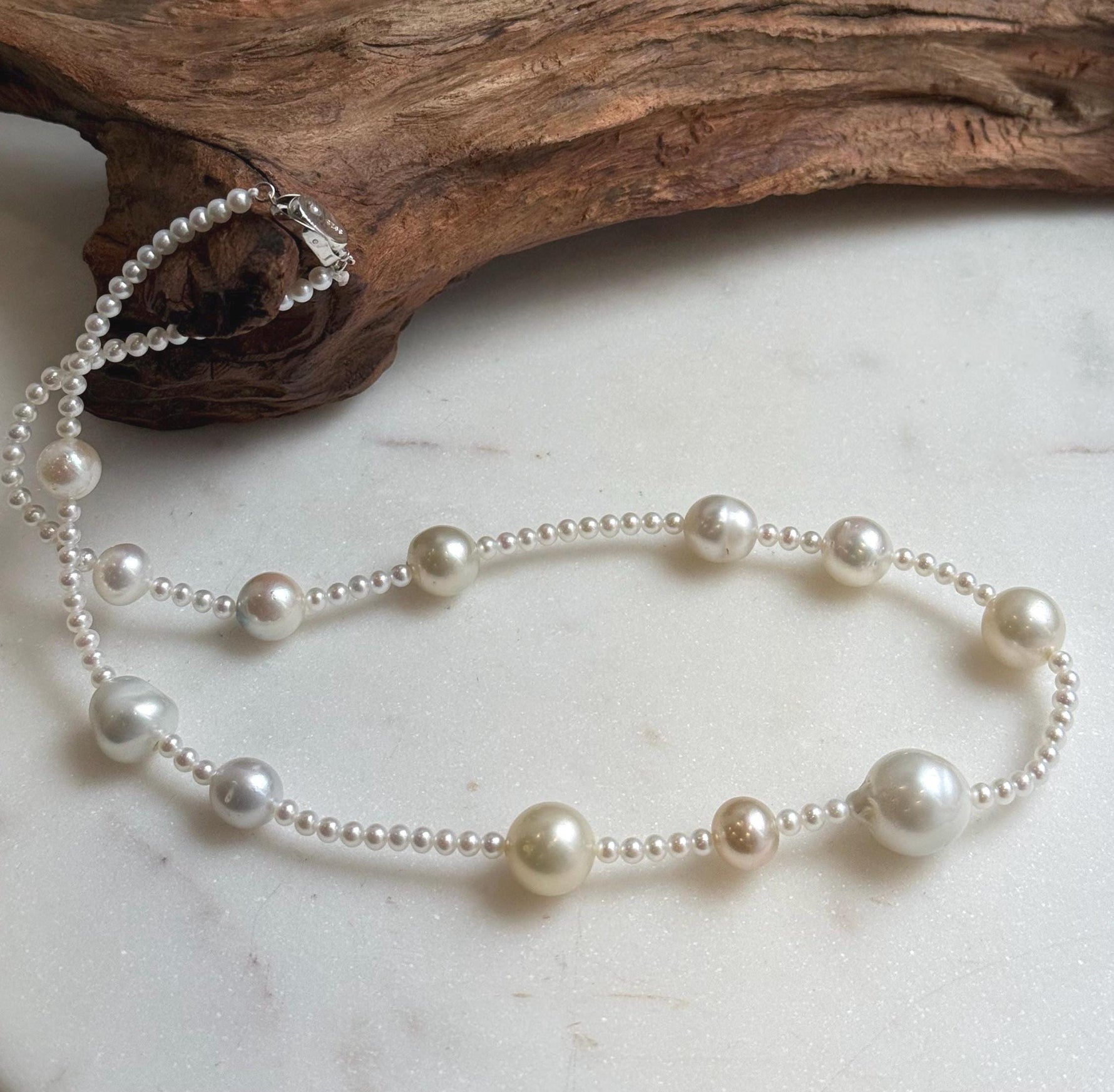 Elly’s 12pcs 9.2-14.4mm Australian ocean white Freshwater pearls necklace:Extreme luster mirrored, 20”, S925 silver necklace strand. daily office ocean pearls necklace strand for her
