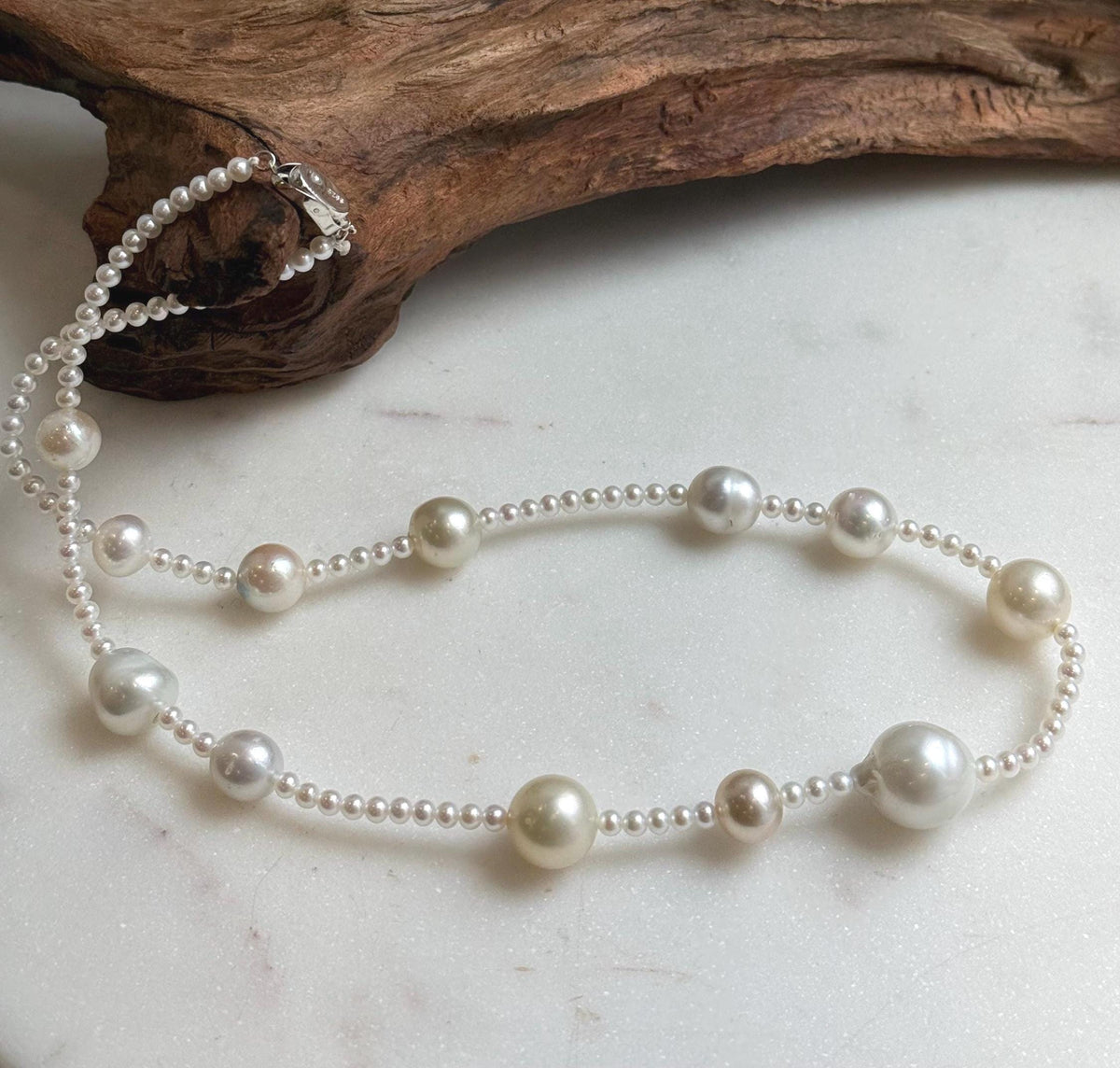 Elly’s 12pcs 9.2-14.4mm Australian ocean white Freshwater pearls necklace:Extreme luster mirrored, 20”, S925 silver necklace strand. daily office ocean pearls necklace strand for her