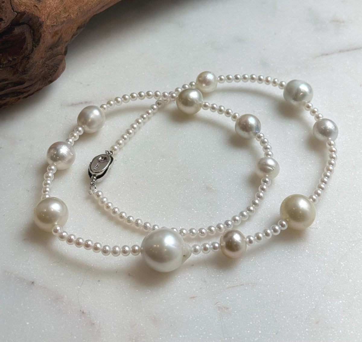 Elly’s 12pcs 9.2-14.4mm Australian ocean white Freshwater pearls necklace:Extreme luster mirrored, 20”, S925 silver necklace strand. daily office ocean pearls necklace strand for her