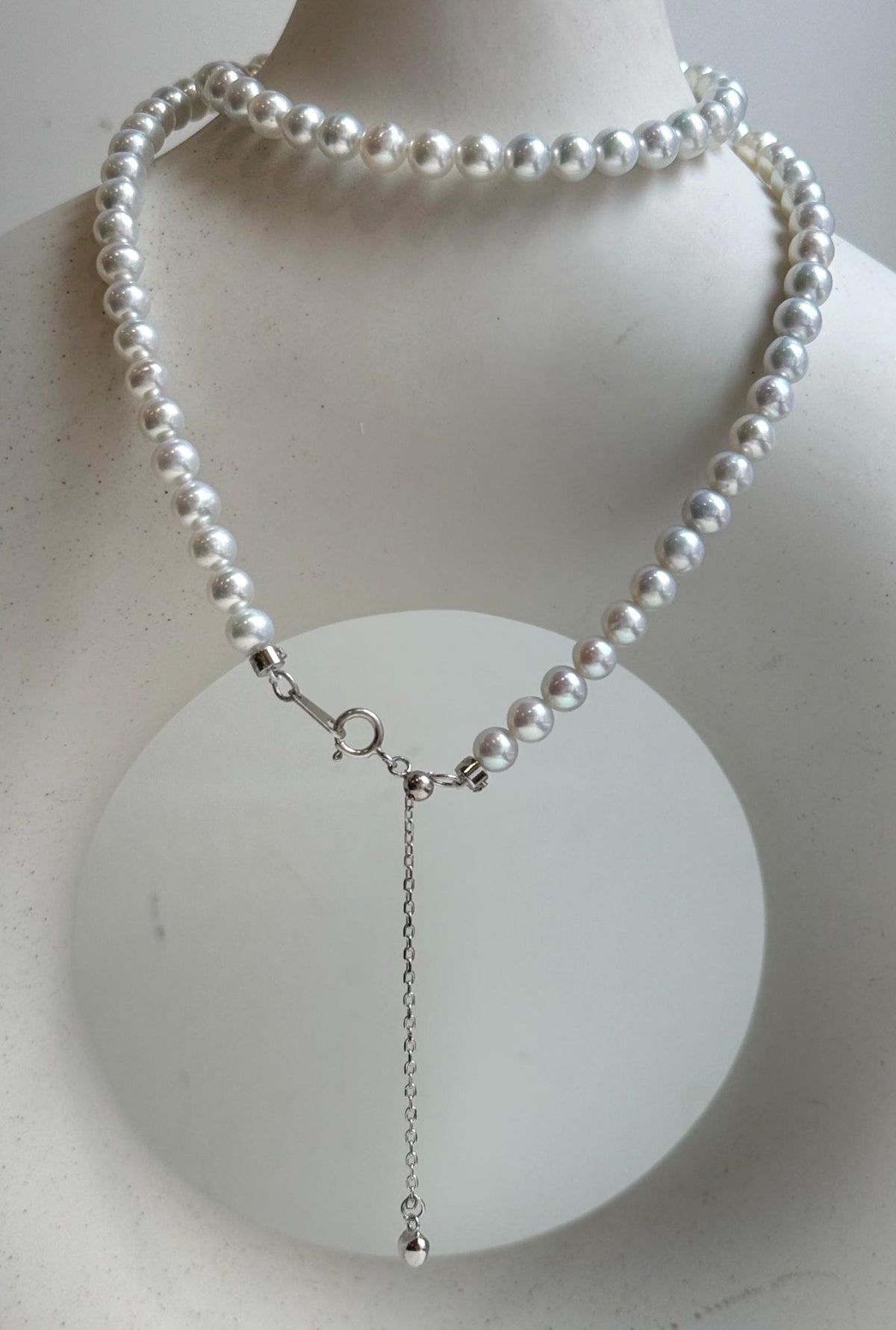 Elly’s 4.7-5.3mm Insale Freshwater White Pearls Necklace: Extreme luster mirrored, To 18.9”, S925 silver necklace strand. daily office small pearls necklace gift for her