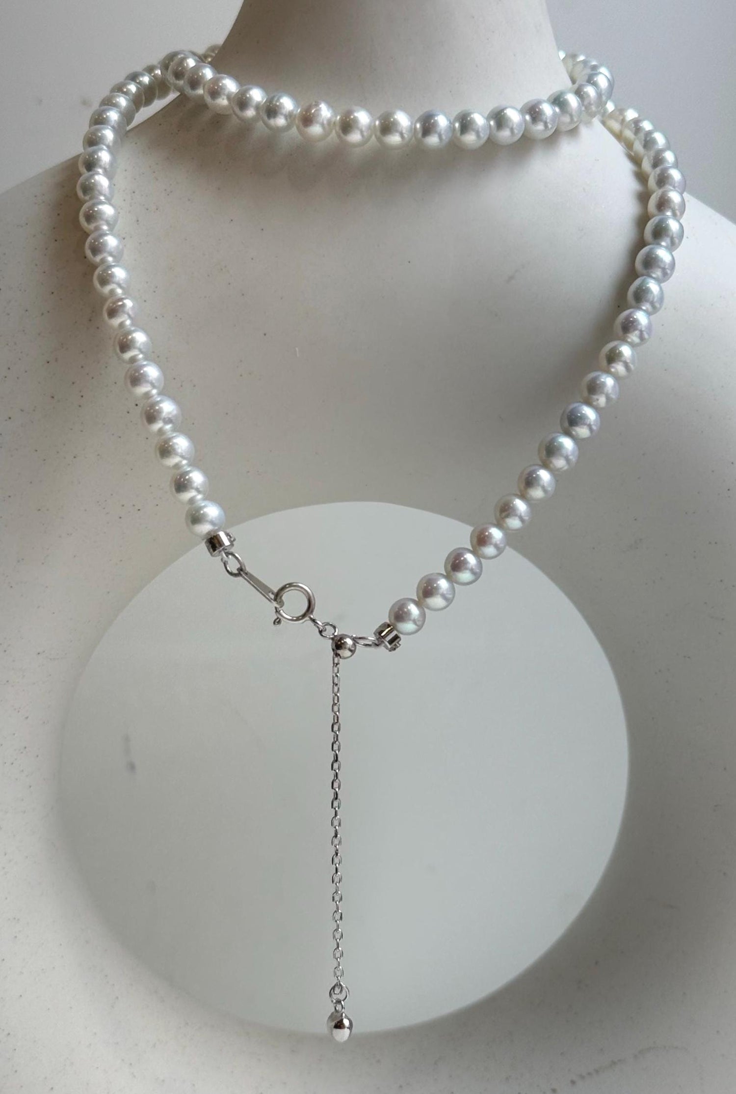 Elly’s 4.7-5.3mm Insale Freshwater White Pearls Necklace: Extreme luster mirrored, To 18.9”, S925 silver necklace strand. daily office small pearls necklace gift for her