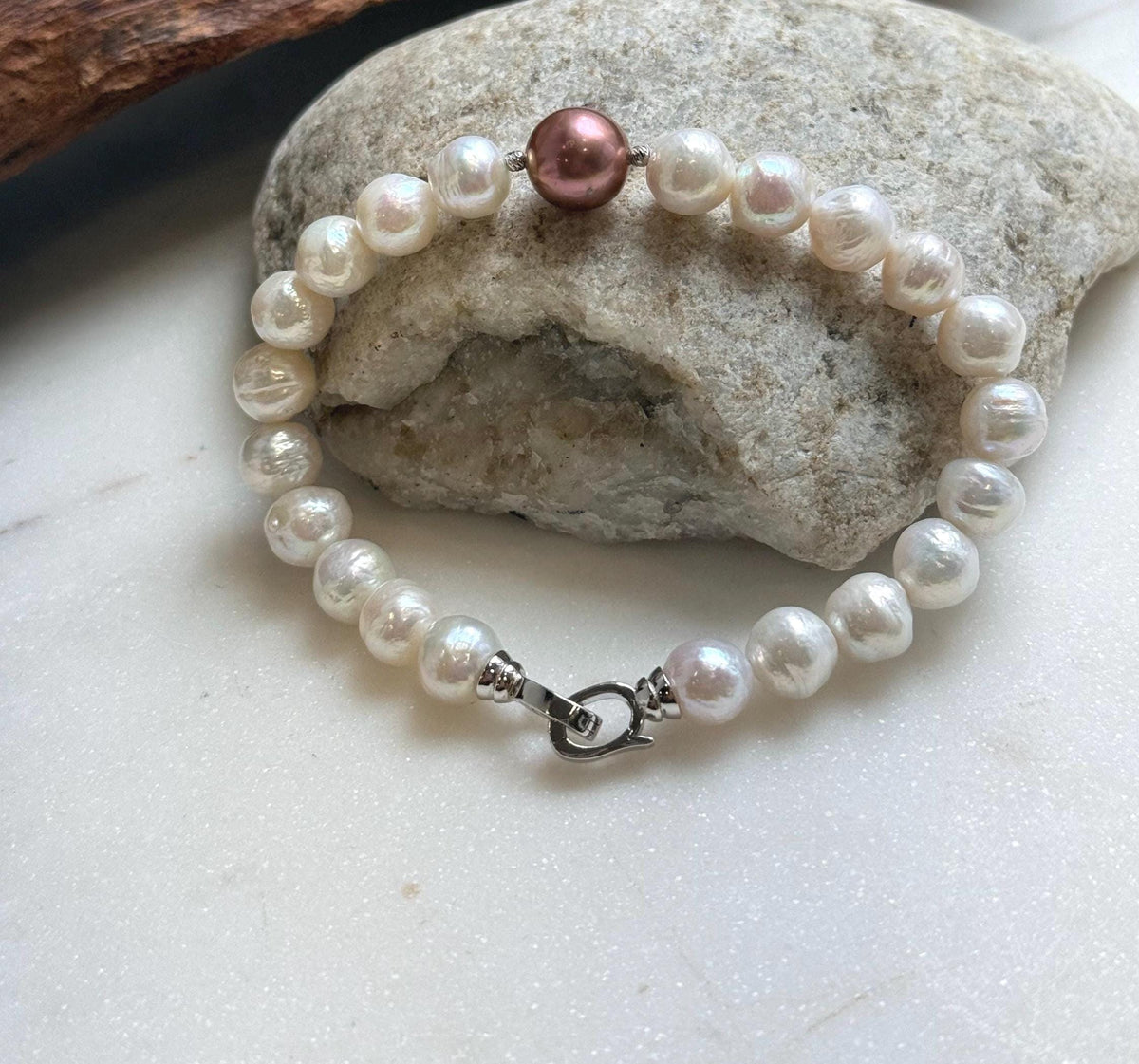 Elly’s 22pcs Bracelet White antique gold Pearls: Extreme luster mirrored, 8.2-10.2mm, S925 silver Bracelet.