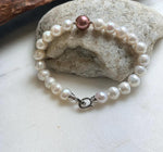 Elly’s 22pcs Bracelet White antique gold Pearls: Extreme luster mirrored, 8.2-10.2mm, S925 silver Bracelet.