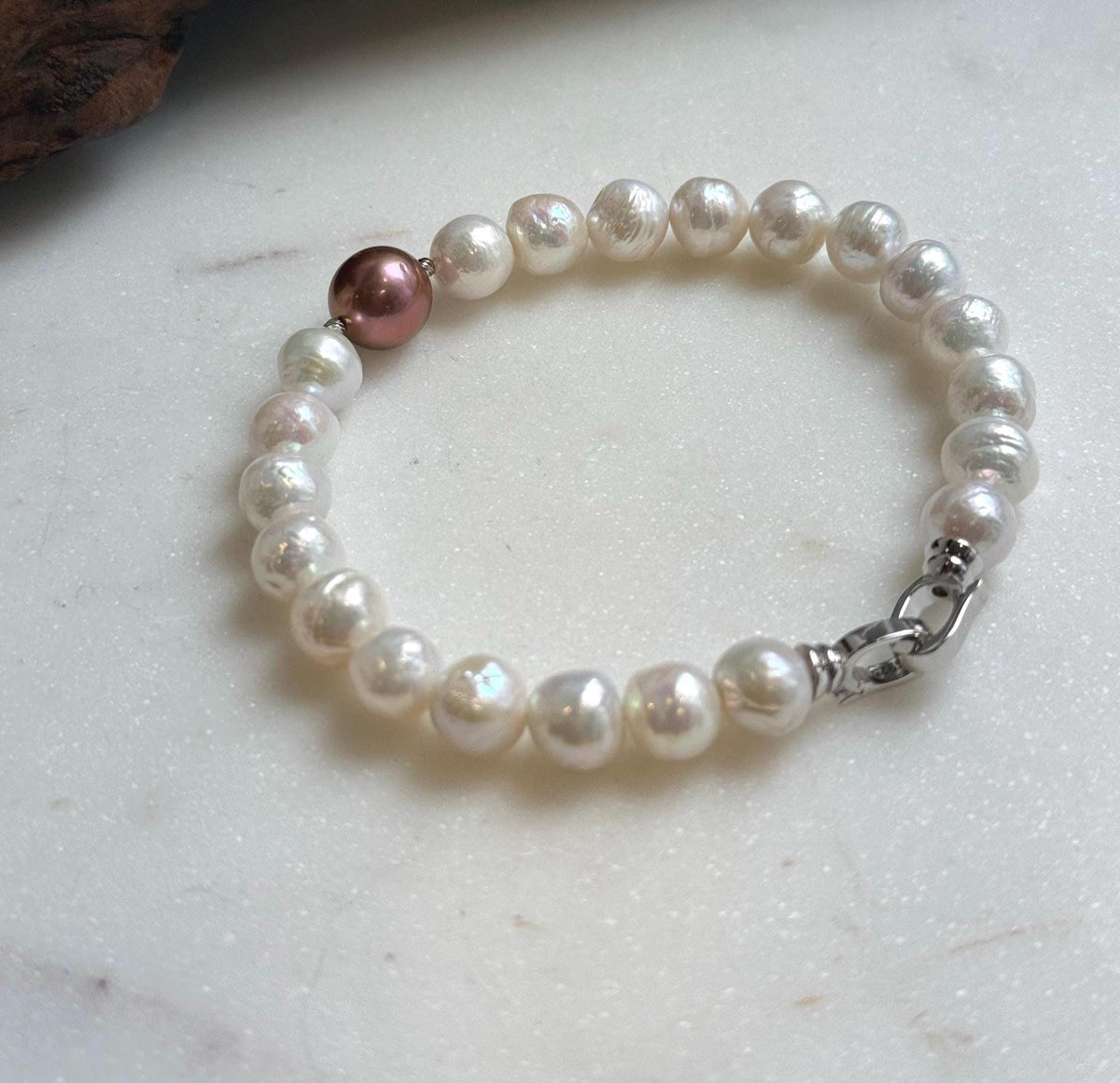Elly’s 22pcs Bracelet White antique gold Pearls: Extreme luster mirrored, 8.2-10.2mm, S925 silver Bracelet.