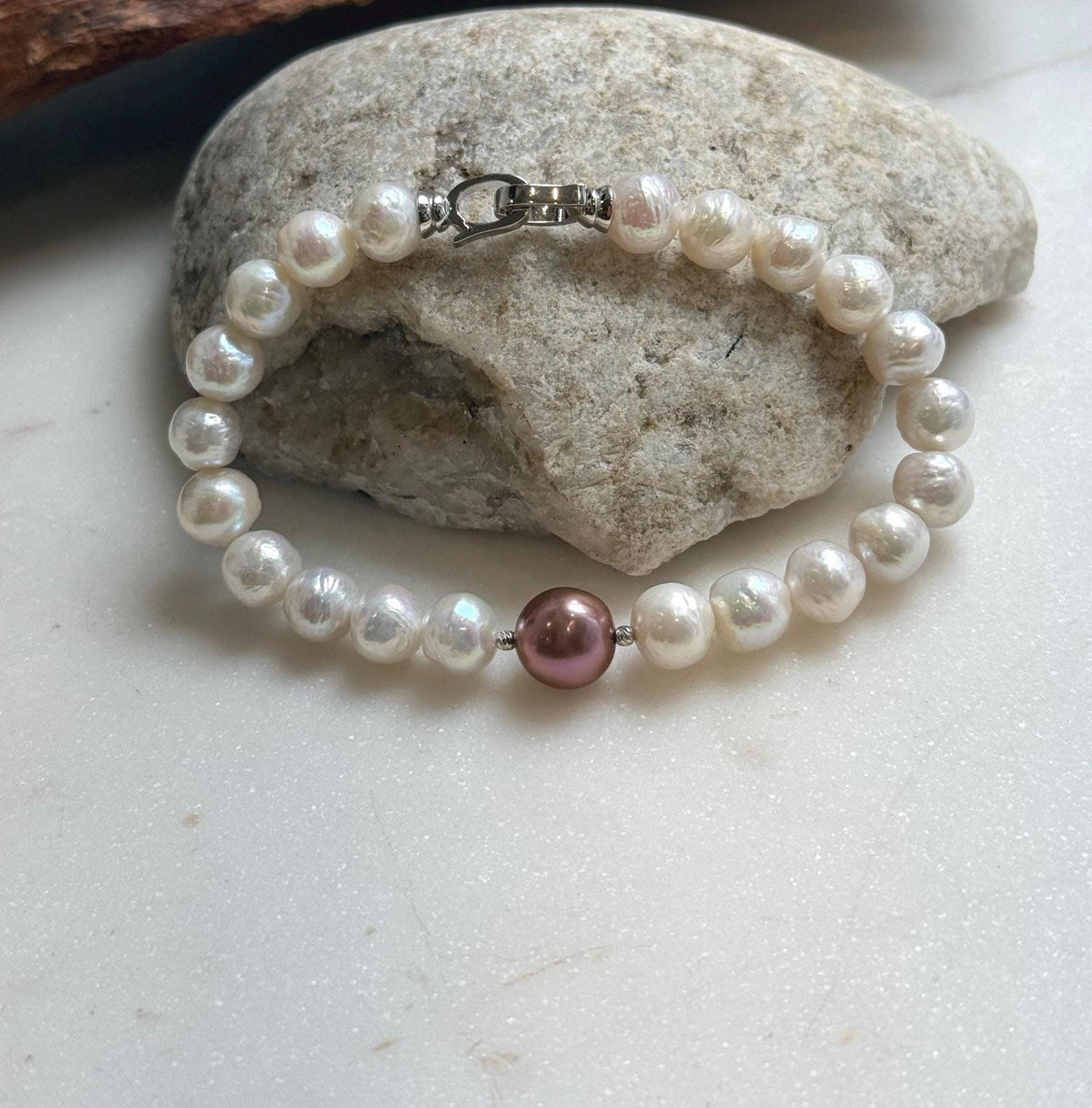 Elly’s 22pcs Bracelet White antique gold Pearls: Extreme luster mirrored, 8.2-10.2mm, S925 silver Bracelet.