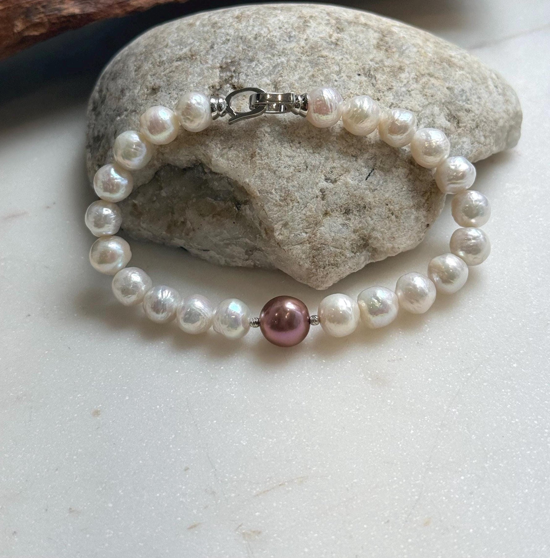 Elly’s 22pcs Bracelet White antique gold Pearls: Extreme luster mirrored, 8.2-10.2mm, S925 silver Bracelet.