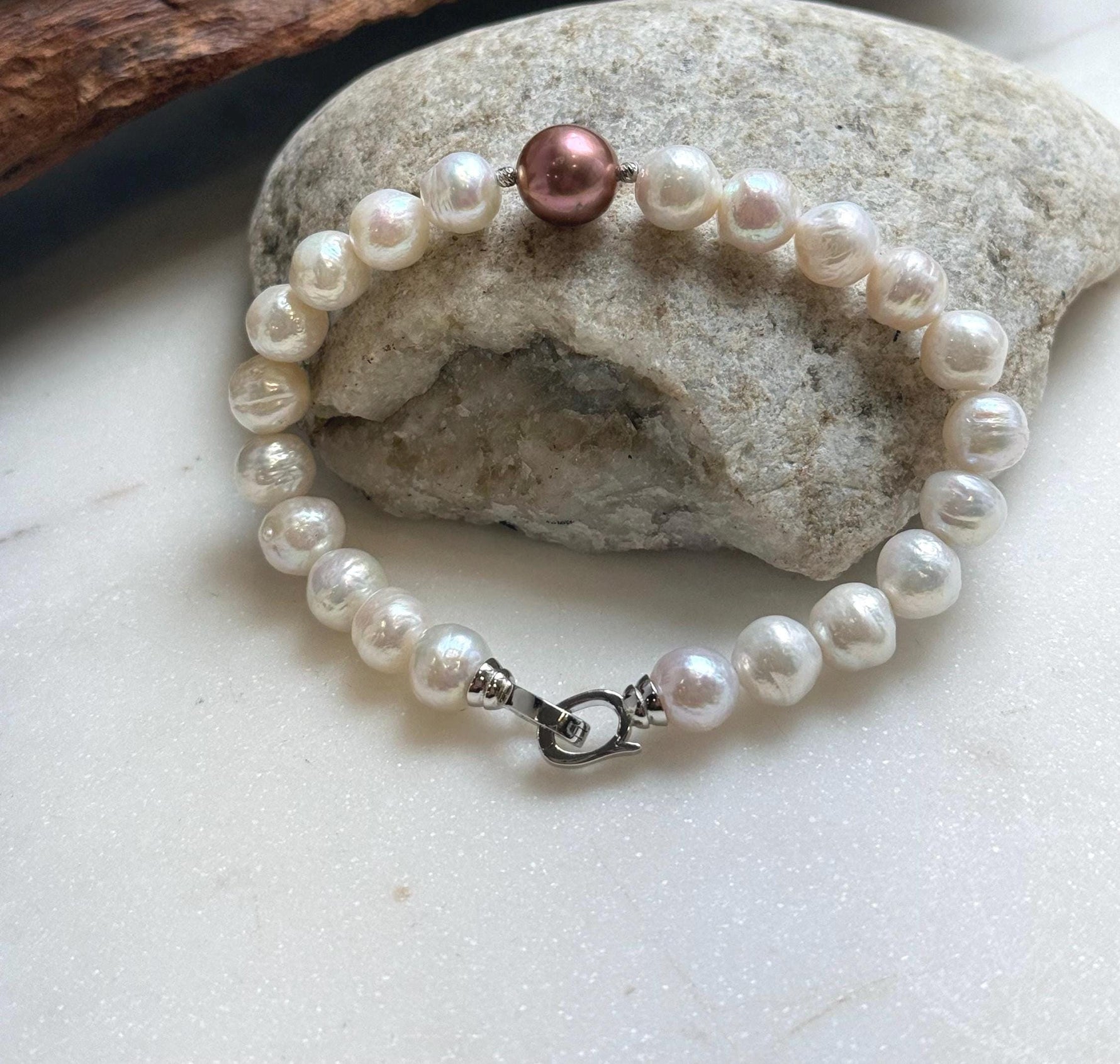 Elly’s 22pcs Bracelet White antique gold Pearls: Extreme luster mirrored, 8.2-10.2mm, S925 silver Bracelet.