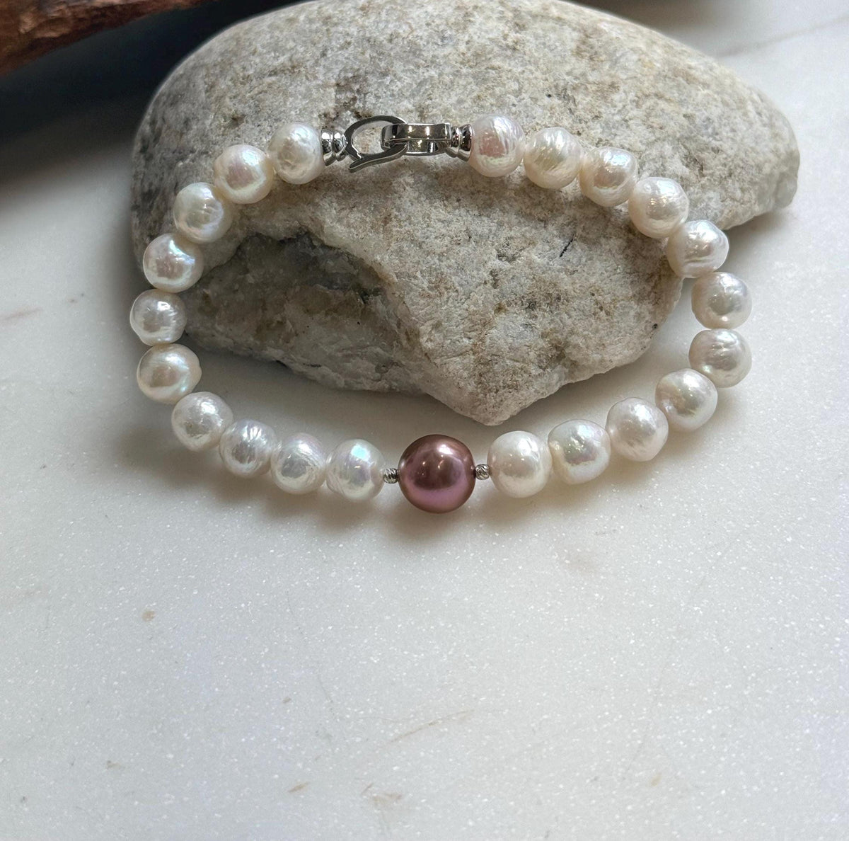Elly’s 22pcs Bracelet White antique gold Pearls: Extreme luster mirrored, 8.2-10.2mm, S925 silver Bracelet.