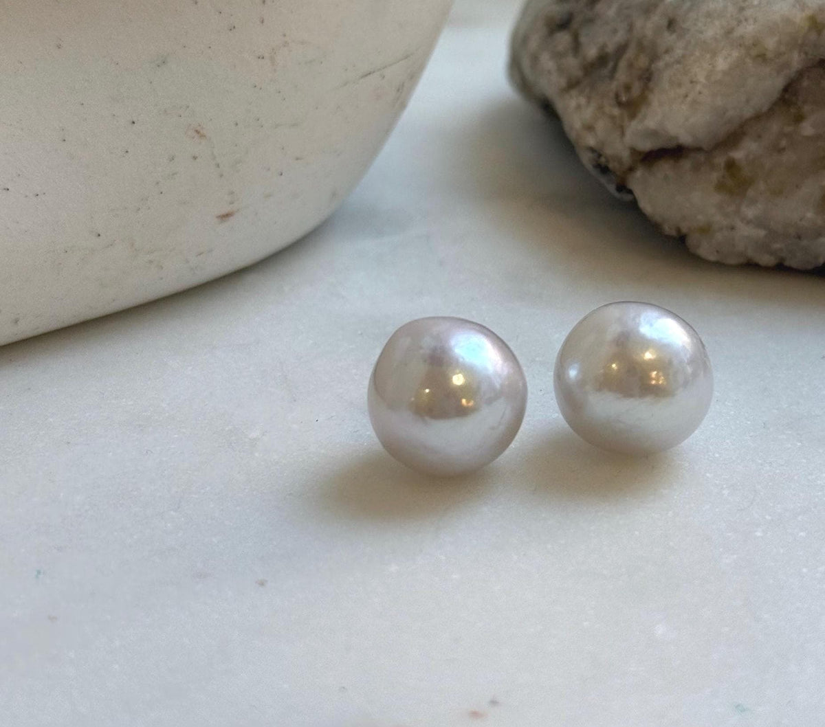 Elly’s 13.3mm Large Edison white Pearls Earrings studs: Extreme luster Mirrored, S925 silver minimalist earrings. daily office earrings studs for her