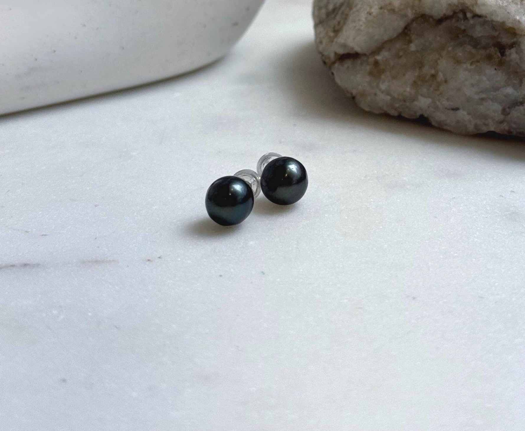 Elly’s 8.2mm Tahitian Hunter ocean Pearls Earrings Studs: Extreme luster Mirrored,S925 silver minimalist earrings.
