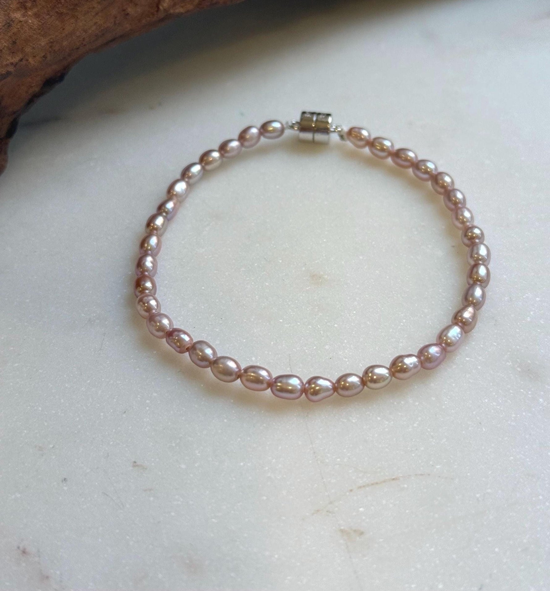 Elly’s Bracelet Pink Rose small Pearls: Extreme luster mirrored, 3.8-4mm, S925 silver magnetic clips Bracelet. daily office small colored pearls bracelet