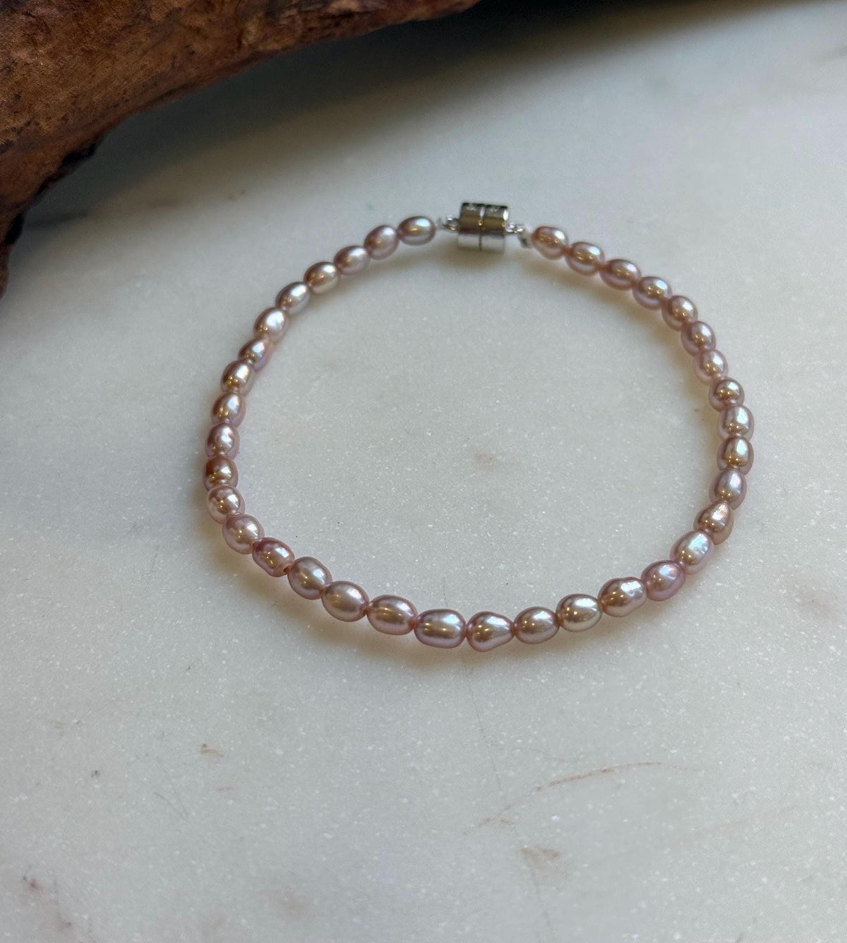 Elly’s Bracelet Pink Rose small Pearls: Extreme luster mirrored, 3.8-4mm, S925 silver magnetic clips Bracelet. daily office small colored pearls bracelet
