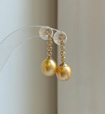 Elly’s 10.7mm Genius South sea deep golden ocean Pearls Earrings: Extreme luster mirrored, 3.1cm high, S925 silver earrings chandeliers. high quality daily office earrings gift for her birthday