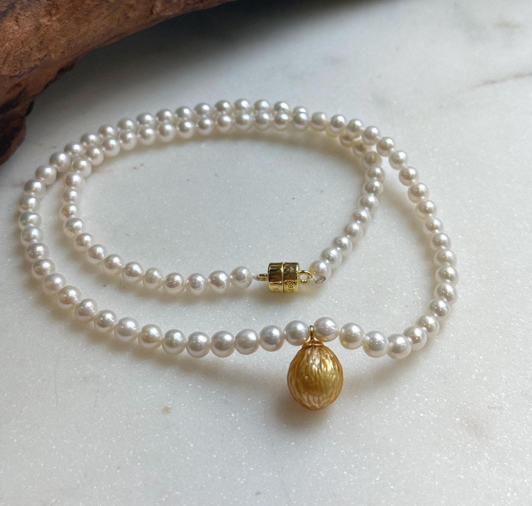 Elly’s Set 17.3” South sea carved golden ocean Freshwater white pearls necklace: 10.1mm Extreme luster, s925 silver necklace. high quality golden ocean pearl necklace strand for her holiday