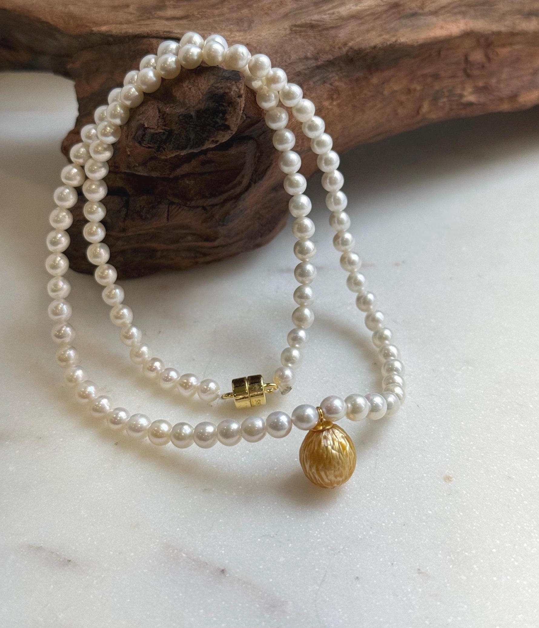 Elly’s Set 17.3” South sea carved golden ocean Freshwater white pearls necklace: 10.1mm Extreme luster, s925 silver necklace. high quality golden ocean pearl necklace strand for her holiday